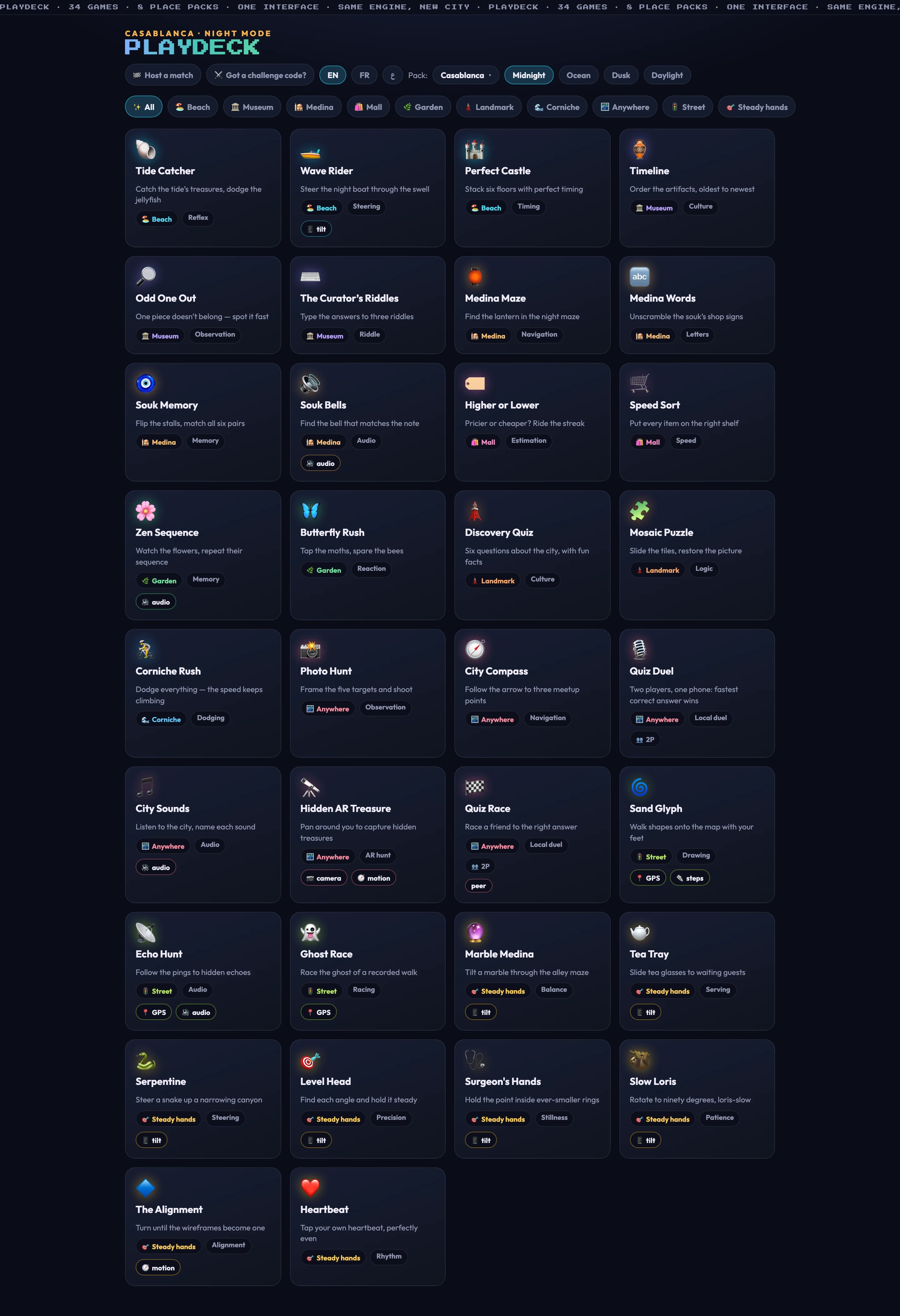 Playdeck deck of place-based mini-games