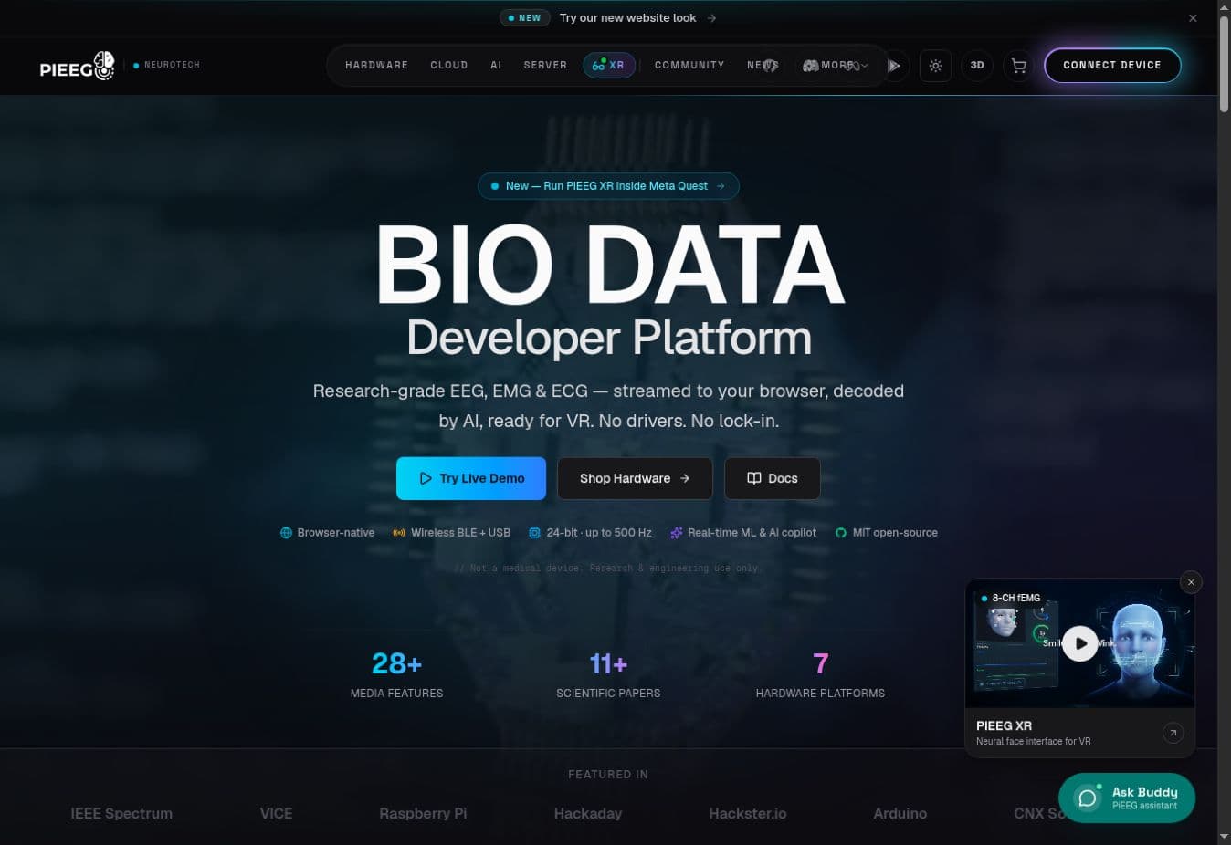 Existing PiEEG homepage with a centered BIO DATA headline and navigation across the platform