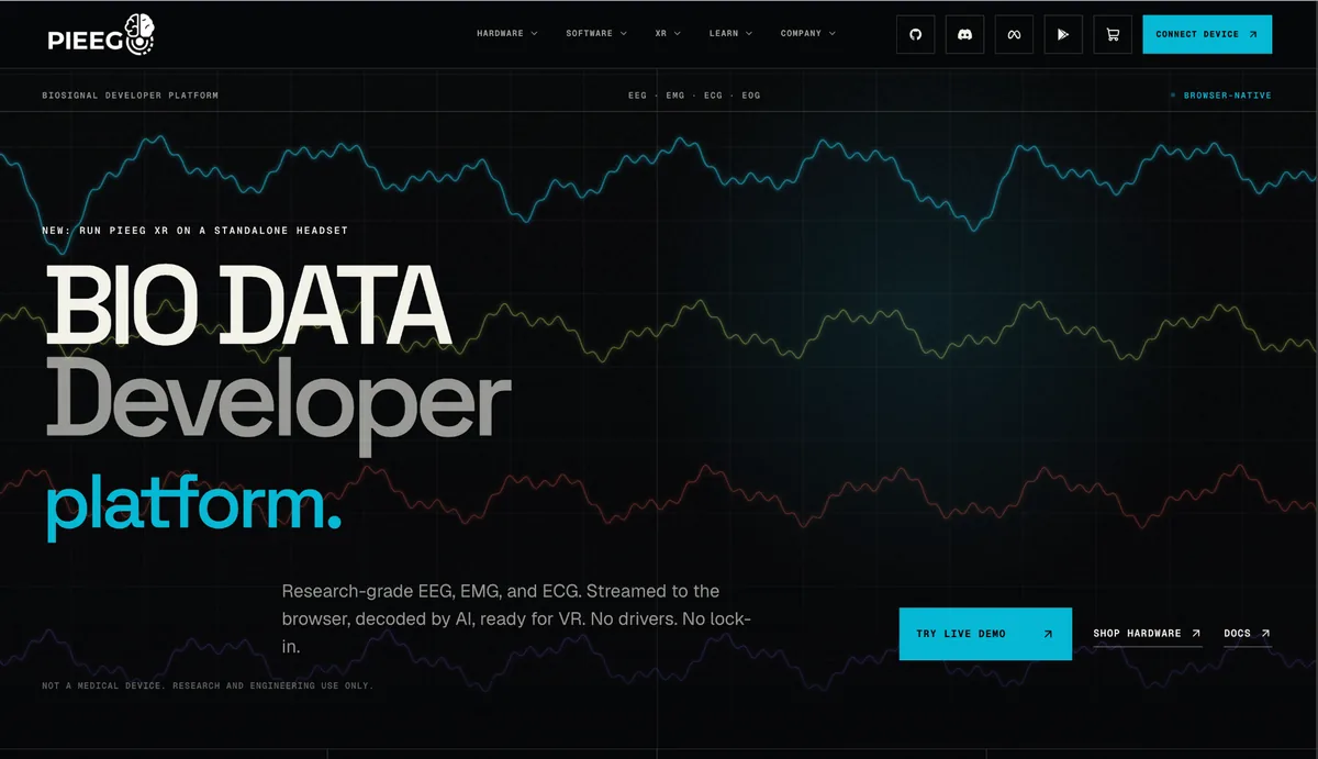 Redesigned PiEEG homepage with biosignal traces and a left-aligned developer platform introduction