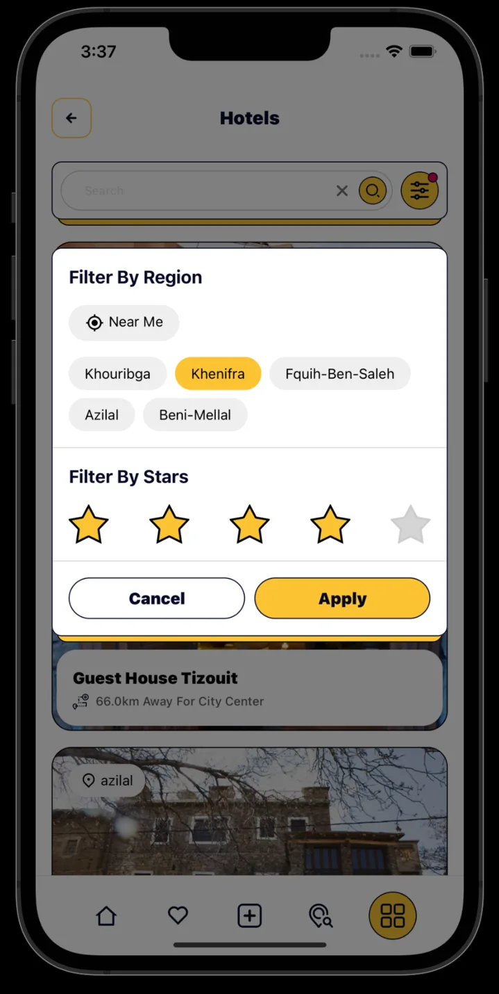 Mobile app stay filters by region and stars