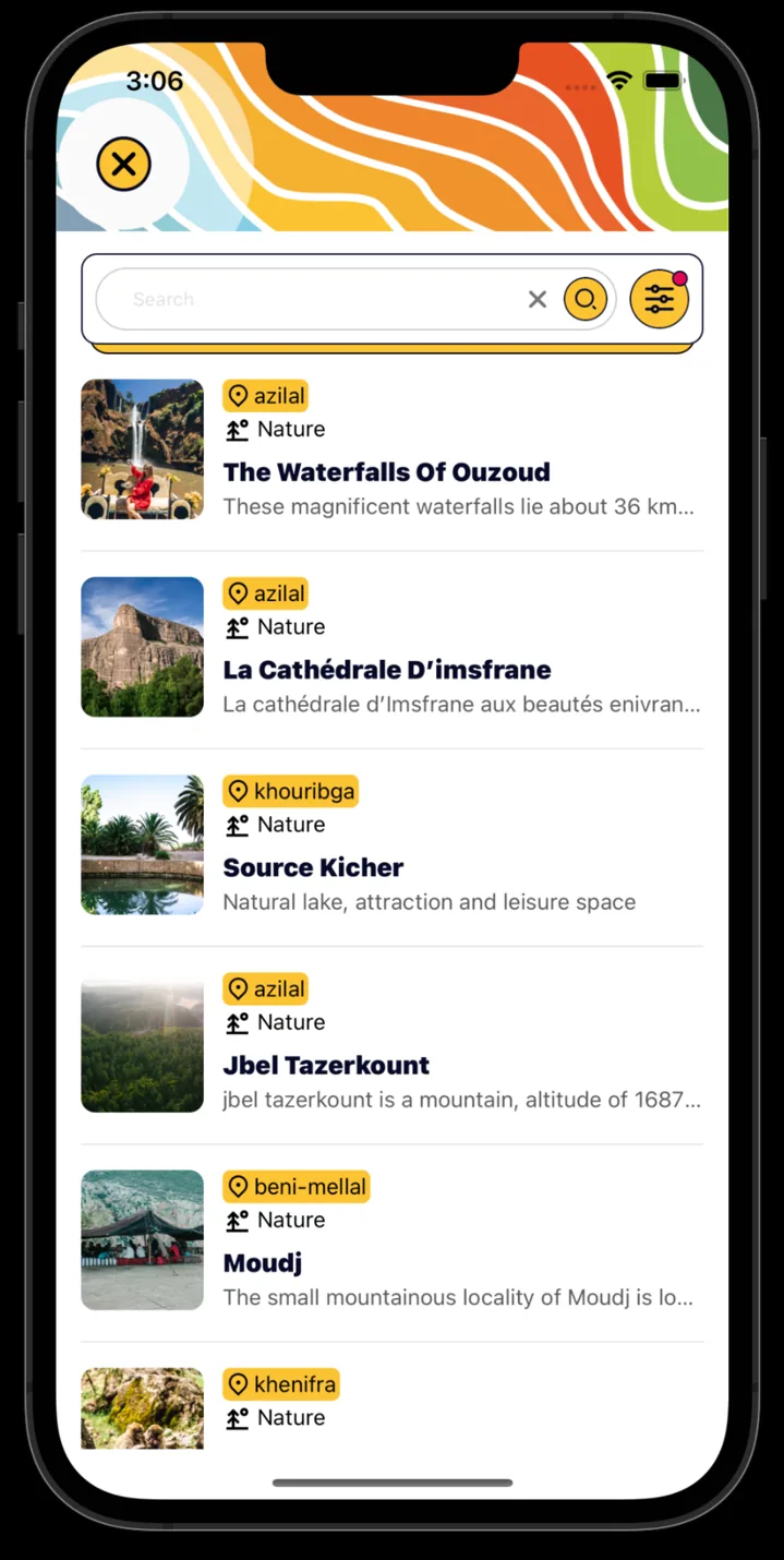 Mobile app list of places and attractions